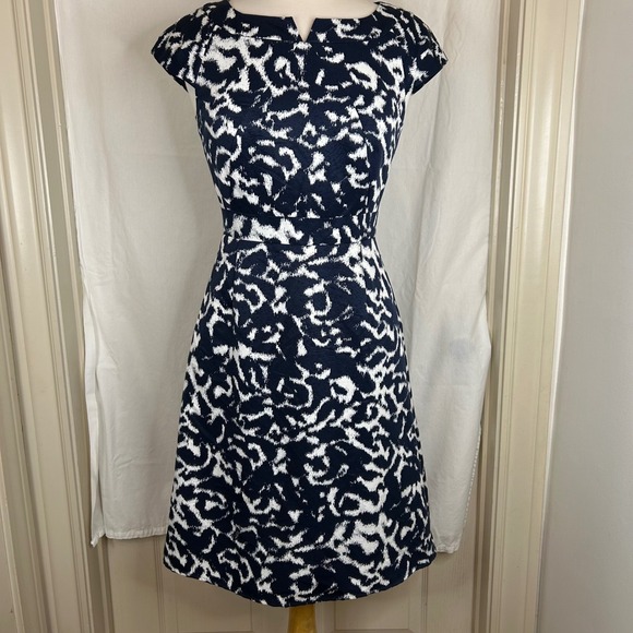 Alex Marie Navy Blue White Abstract Print Career Fit & Flare Dress - Picture 1 of 11